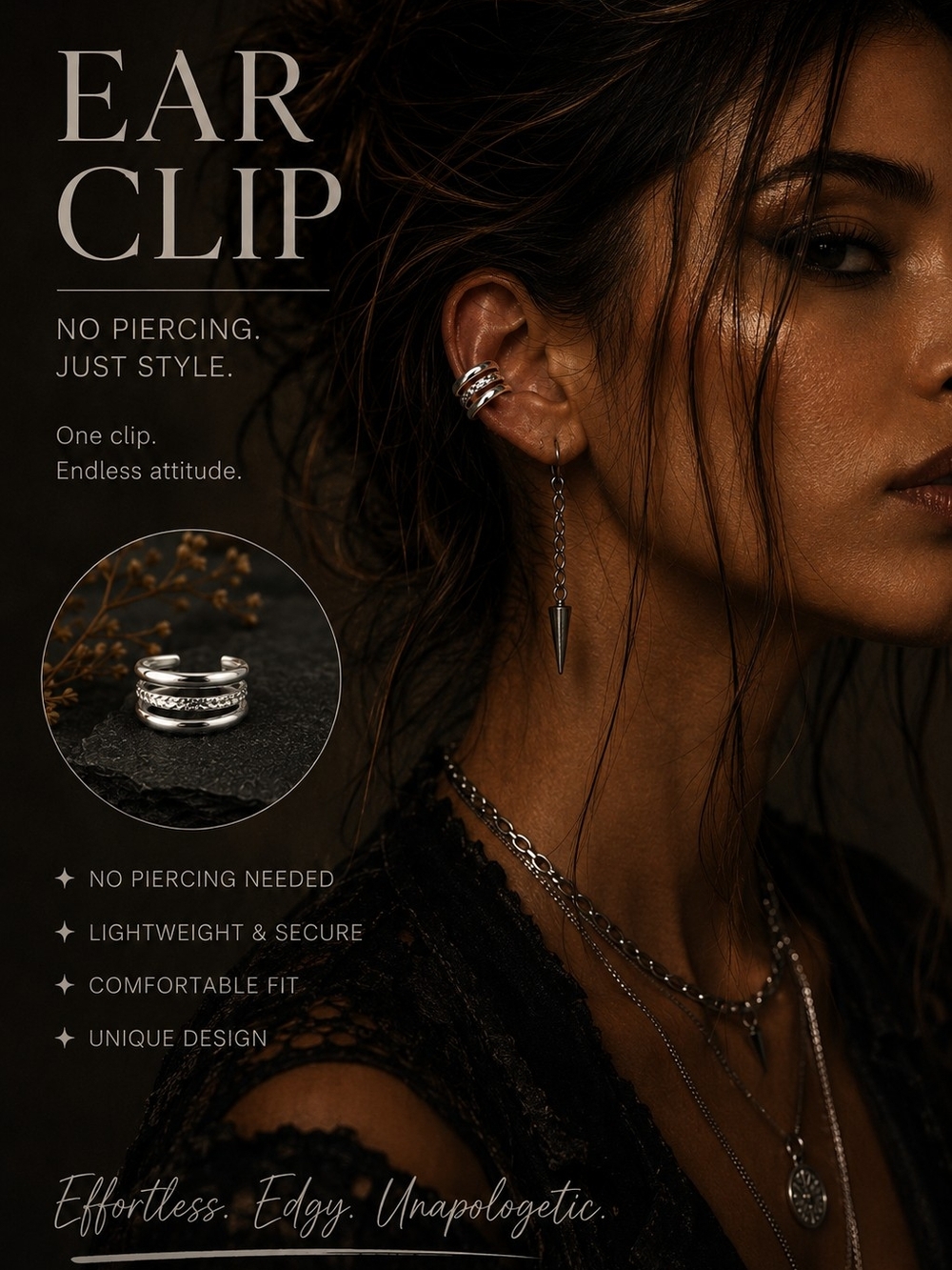 Silver Ear Cuff Clip - No Piercing Ear Clip
